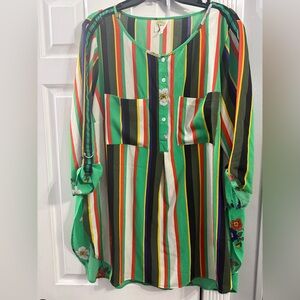 Fig and Flower Green Striped Floral Tunic Top, Size 2X